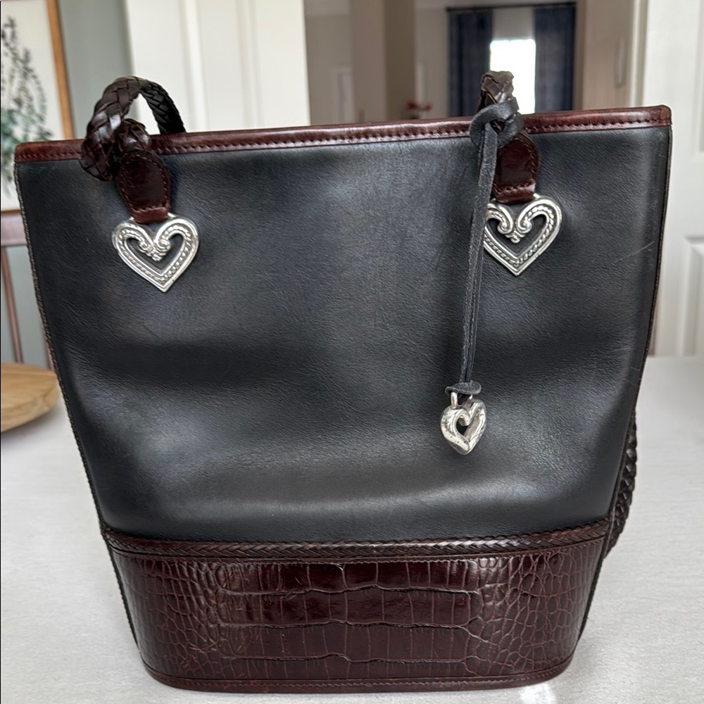 Brighton Black and Brown Two-Tone Tote with Heart Charms